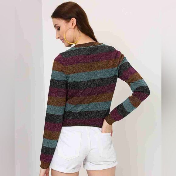 Forever 21 Contemporary Size Large Striped Round Neck Multicolor Sweater - Picture 5 of 12